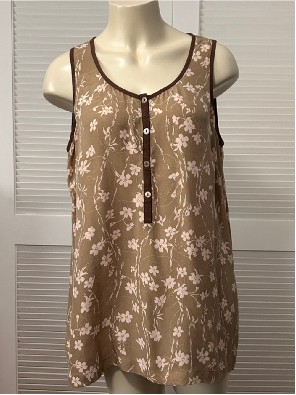 Citron Santa Monica 100% Silk Floral Tank Top XL Brown Pink Button Front